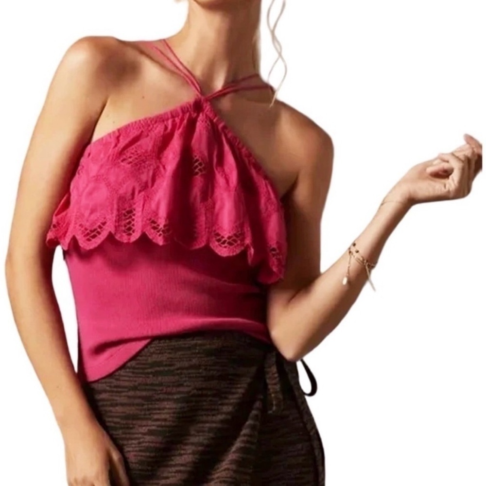 Anthropologie Ruffled Embroidered Halter Tie Back Tank in Medium Pink